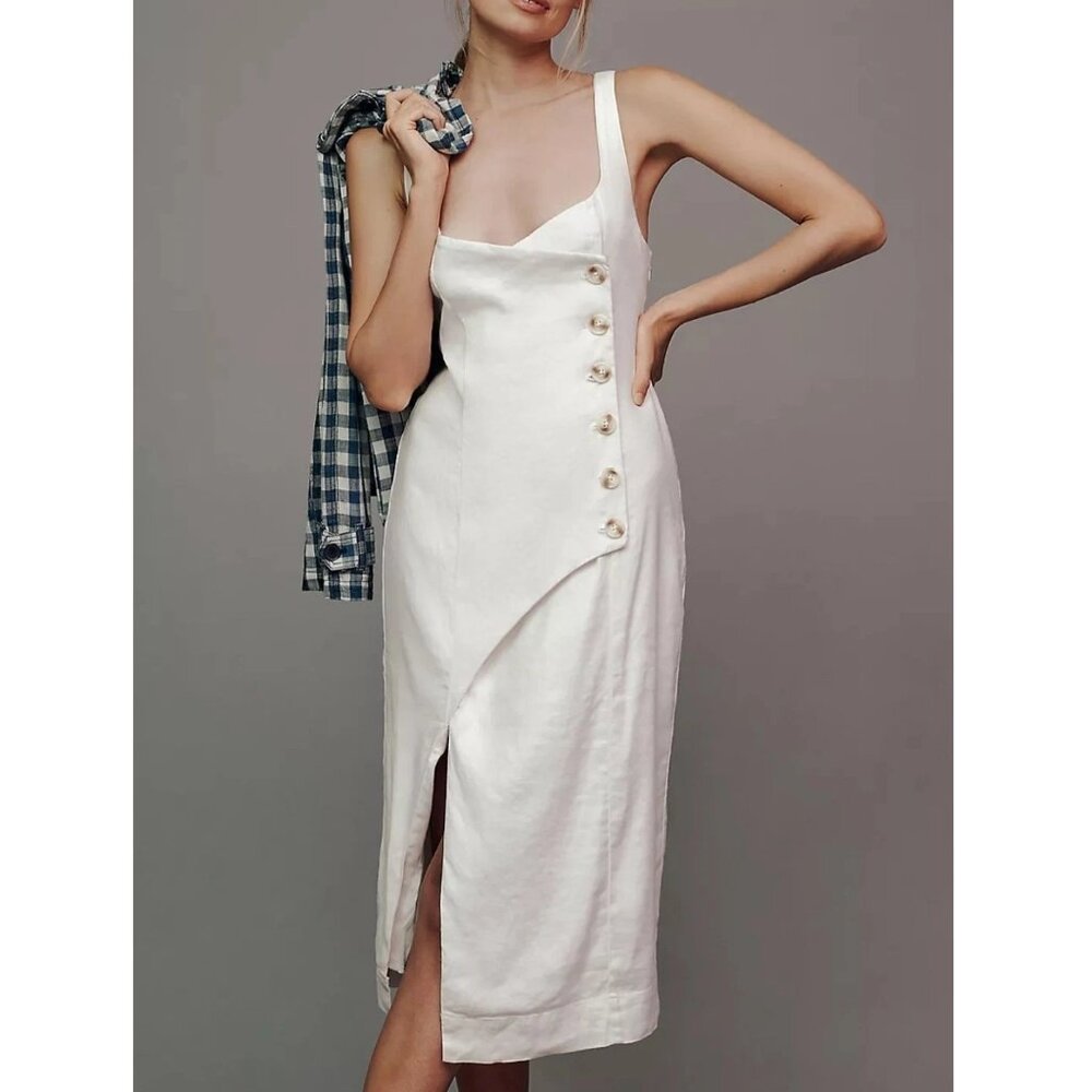 Anthropologie Sleeveless Linen Button Wrap Midi Dress White Large